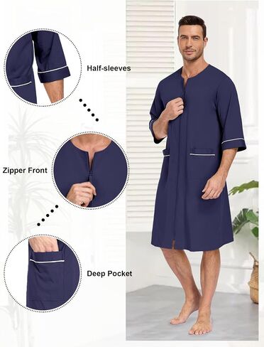 Men's Cotton Short Sleeve Bathrobe Lightweight Zip-Up House Coat with Pockets Summer Knee-Length Robe for Men (Navy Blue, L) in Saudi Arabia