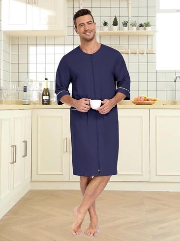 Men's Cotton Short Sleeve Bathrobe Lightweight Zip-Up House Coat with Pockets Summer Knee-Length Robe for Men (Navy Blue, L) in Saudi Arabia