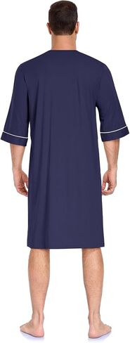 Men's Cotton Short Sleeve Bathrobe Lightweight Zip-Up House Coat with Pockets Summer Knee-Length Robe for Men (Navy Blue, L) in Saudi Arabia