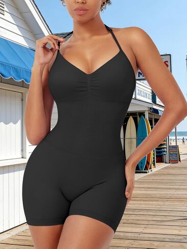 SoftHue One Piece Workout Jumpsuits for Women Halter Backless Short Jumpsuit Sleeveless Ribbed Bodycon Gym Yoga Romper in Kuwait