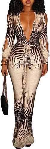Women’s Sexy Jumpsuit Animal Print Deep V Neck Off the Shoulder Long Sleeve Top Bodycon Flare Pants Set Party Clubwear in Saudi Arabia