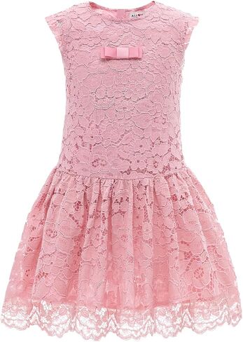 ALLOVIN Girls & Toddlers Lace Drop Waist A-Line Flower Girl Dress Sleeveless Wedding Birthday Party Dress with Bowknot 4-9Y in Saudi Arabia