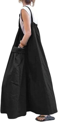 utcoco Women's Casual Baggy Adjustable Strap Overall Dress Cargo Parachute Skirt Sleeveless Bib Dress with Pockets in Kuwait