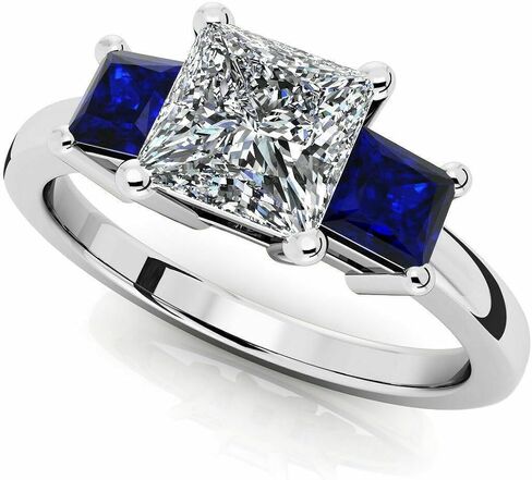Princess Cut Blue Sapphire & Diamond Three-Stone Engagement Wedding Ring 925 Sterling Silver 14K White Gold Plated Ring for Women's in Kuwait