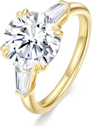 4.5CT 3-Stone Moissanite Engagement Ring for Women | D Color VVS1 Clarity, Round & Tapered Baguette Cut | 9K Gold Plated S925 Sterling Silver | Genuine Moissanite Promise Wedding Ring for Her Size 4-9| Anniversary Birthday Jewelry Gift in Saudi Arabia