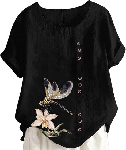 Women Summer Fashion Printed Shirts Round Neck Rolled Short Sleeve Loose Tees Lightweight Going Out Casual Blouse in Kuwait