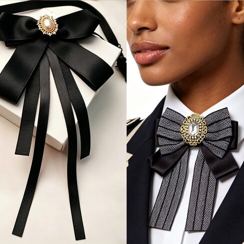 3 Pack Women's Black Neck Tie & Bow Ties Set, Adjustable Pre-Tied Bowtie for Blouse, Shirt, Uniform& Daily Costume Wear in Saudi Arabia