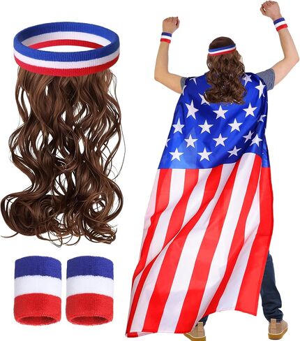 Cindeer American Flag Cape Sweat Headband with Mullet Wig Set Retro Patriotic Accessories Patriotic Party Costume for 4th of July Independence Day Adult Celebration in Kuwait
