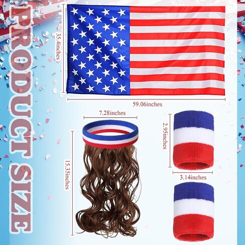 Cindeer American Flag Cape Sweat Headband with Mullet Wig Set Retro Patriotic Accessories Patriotic Party Costume for 4th of July Independence Day Adult Celebration in Kuwait