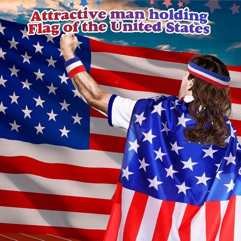 Cindeer American Flag Cape Sweat Headband with Mullet Wig Set Retro Patriotic Accessories Patriotic Party Costume for 4th of July Independence Day Adult Celebration in Kuwait