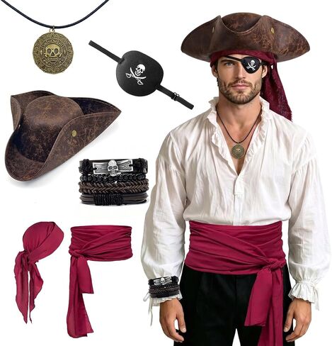 6PCS Pirate Costume Accessories for Men Women Pirate Costume Set Include Hat Bandana Sash Eye Patch bracelet Necklace in Kuwait