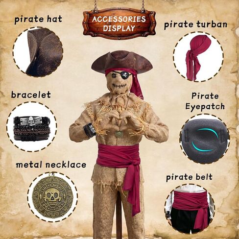6PCS Pirate Costume Accessories for Men Women Pirate Costume Set Include Hat Bandana Sash Eye Patch bracelet Necklace in Kuwait