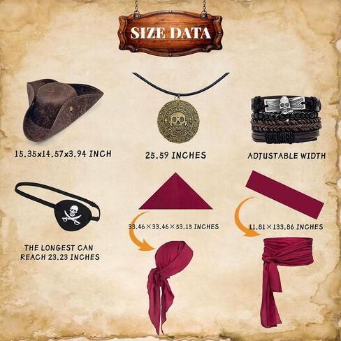 6PCS Pirate Costume Accessories for Men Women Pirate Costume Set Include Hat Bandana Sash Eye Patch bracelet Necklace in Kuwait