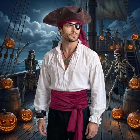 6PCS Pirate Costume Accessories for Men Women Pirate Costume Set Include Hat Bandana Sash Eye Patch bracelet Necklace in Kuwait