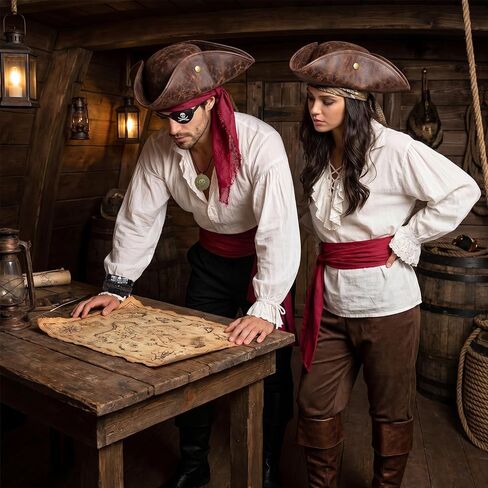 6PCS Pirate Costume Accessories for Men Women Pirate Costume Set Include Hat Bandana Sash Eye Patch bracelet Necklace in Kuwait