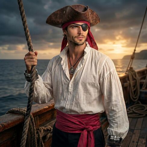 6PCS Pirate Costume Accessories for Men Women Pirate Costume Set Include Hat Bandana Sash Eye Patch bracelet Necklace in Kuwait