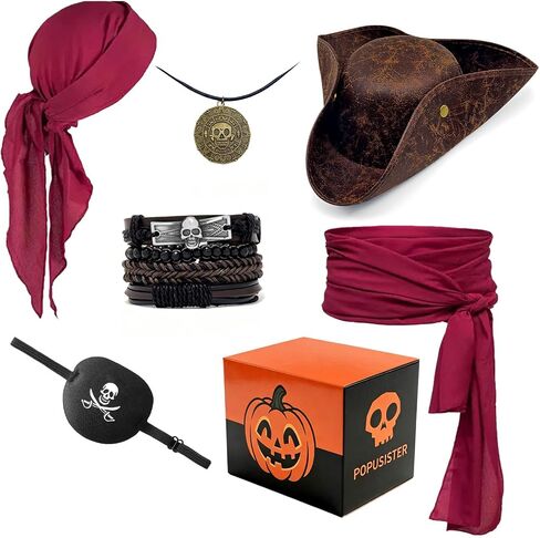 6PCS Pirate Costume Accessories for Men Women Pirate Costume Set Include Hat Bandana Sash Eye Patch bracelet Necklace in Kuwait