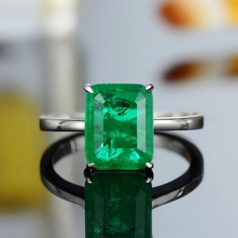 14K Solid Gold over S925 Luxurious 4 Carat Rectangular Emerald Engagement Ring, Fine May Birthstone Jewelry for Women in Saudi Arabia
