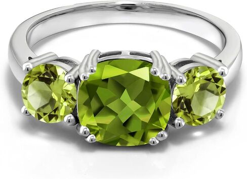 Gem Stone King 3.45 Cttw Green Peridot 3-Stone Engagement Ring For Women | 925 Sterling Silver | Gemstone August Birthstone | Cushion 8MM | 3 Stone Wedding Anniversary Promise Ring in Saudi Arabia