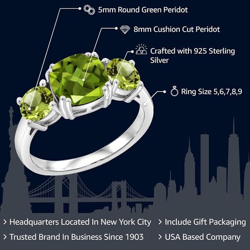 Gem Stone King 3.45 Cttw Green Peridot 3-Stone Engagement Ring For Women | 925 Sterling Silver | Gemstone August Birthstone | Cushion 8MM | 3 Stone Wedding Anniversary Promise Ring in Saudi Arabia