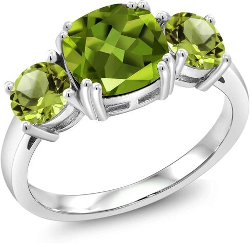 Gem Stone King 3.45 Cttw Green Peridot 3-Stone Engagement Ring For Women | 925 Sterling Silver | Gemstone August Birthstone | Cushion 8MM | 3 Stone Wedding Anniversary Promise Ring in Saudi Arabia