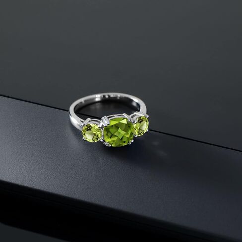 Gem Stone King 3.45 Cttw Green Peridot 3-Stone Engagement Ring For Women | 925 Sterling Silver | Gemstone August Birthstone | Cushion 8MM | 3 Stone Wedding Anniversary Promise Ring in Saudi Arabia