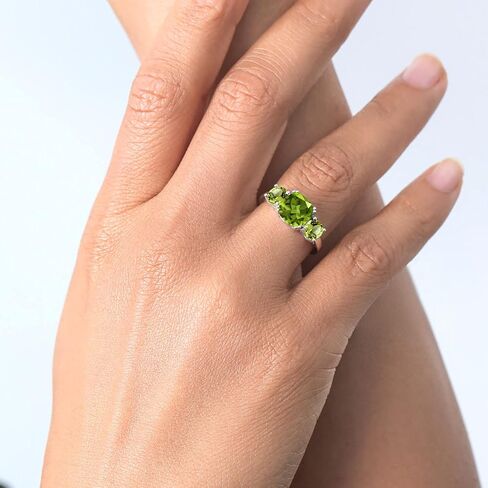 Gem Stone King 3.45 Cttw Green Peridot 3-Stone Engagement Ring For Women | 925 Sterling Silver | Gemstone August Birthstone | Cushion 8MM | 3 Stone Wedding Anniversary Promise Ring in Saudi Arabia