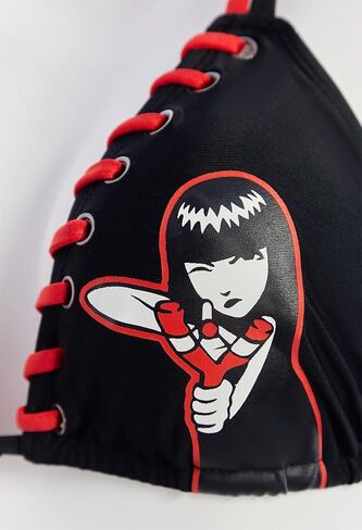 Micotaku مرخص رسميًا لملابس السباحة النسائية المكونة من قطعتين مطبوعة من Emily The Strange - طقم بيكيني برباط باللونين الأسود والأحمر in Kuwait