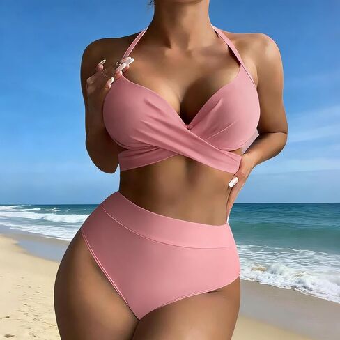 طقم بيكيني نسائي عالي الخصر للتحكم في البطن مكون من قطعتين ملابس سباحة برقبة على شكل حرف V لملابس السباحة الصيفية والشاطئ، وردي in Kuwait