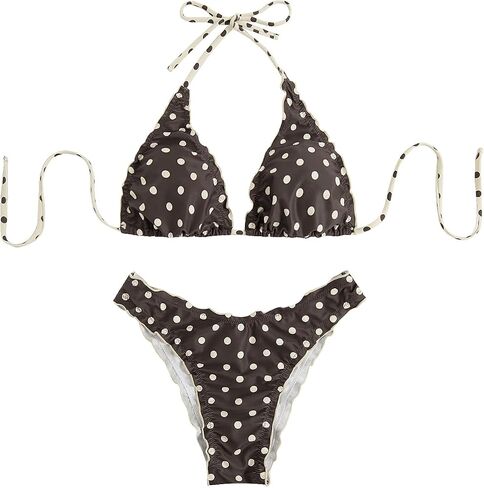 WDIRARA Women's Polka Dots 2 Piece Swimsuit Lettuce Trim Triangle Halter Bikini Sets Tie Backless Bathing Suit in Kuwait