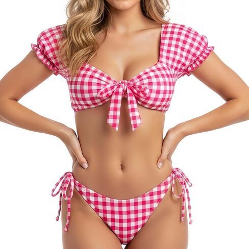 Womens Gingham Bikini Set Puff Sleeve Two Piece Swimsuit Tie Front High Cut Bathing Suit Pink Plaid Beachwear in Saudi Arabia