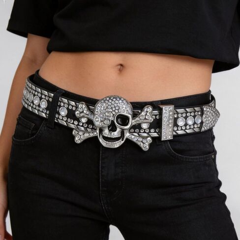 Rhinestone Skull Belt Men Women Skull Rhinestone Belt Studded Punk Y2k Belts Western Cowgirl Belts in Saudi Arabia