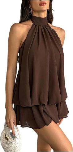 SOLY HUX Women's Halter Mini Dress Tie Backless Sleeveless Layered A Line Ruffle Flowy Summer Going Out Party Dresses in Kuwait