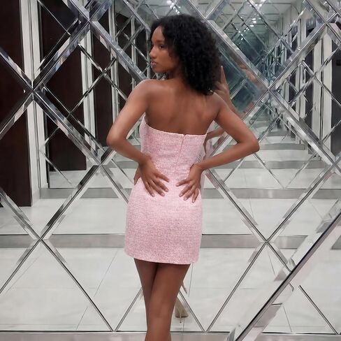 Women Tweed Strapless Bodycon Dress Elegant Pink White Plaid Tube Short Mini Party Dresses in Kuwait