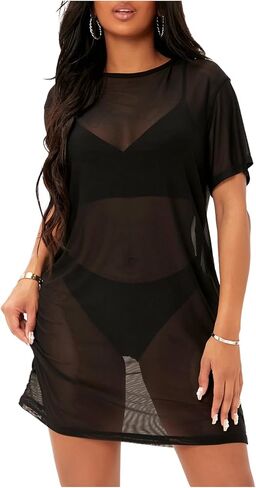 SOLY HUX Women's Sheer Mesh Tshirt Dress Short Sleeve See Through Beach Mini Dresses in Kuwait