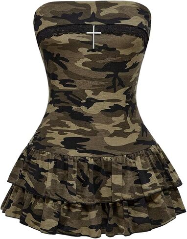 SOLY HUX Women's Y2k Camo Tube Mini Dress Strapless Sleeveless Layered Ruffle A Line Going Out Party Dresses in Kuwait