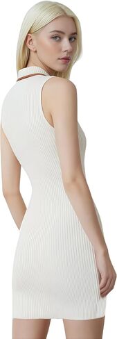 Mettclasi Women's Spring Fall Shawl Collared Ribbed Knit Sleeveless Bodycon Mini Dress Sexy Slim Fit V Neck Sweater Dresses in Saudi Arabia