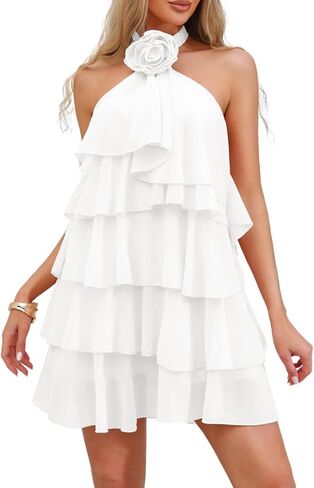 Kaei&Shi Womens Chiffon Halter Mini Dresses Ruffle Tiered Backless Birthday Brunch Dress with Detachable Flower in Kuwait
