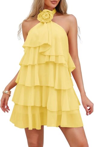 Kaei&Shi Womens Chiffon Halter Mini Dresses Ruffle Tiered Backless Birthday Brunch Dress with Detachable Flower in Kuwait