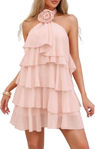 Kaei&Shi Womens Chiffon Halter Mini Dresses Ruffle Tiered Backless Birthday Brunch Dress with Detachable Flower in Kuwait