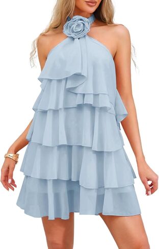 Kaei&Shi Womens Chiffon Halter Mini Dresses Ruffle Tiered Backless Birthday Brunch Dress with Detachable Flower in Kuwait