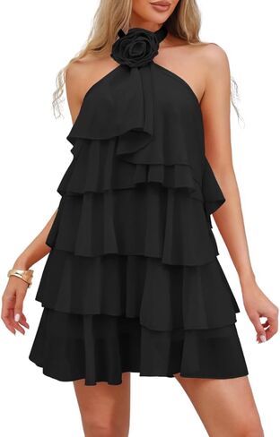 Kaei&Shi Womens Chiffon Halter Mini Dresses Ruffle Tiered Backless Birthday Brunch Dress with Detachable Flower in Kuwait