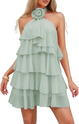 Kaei&Shi Womens Chiffon Halter Mini Dresses Ruffle Tiered Backless Birthday Brunch Dress with Detachable Flower in Kuwait