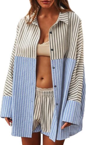 Womens Oversized Button Down Shirt Casual Striped Long Sleeve Dress Shirts Loose Collared Blouses Boyfriend Tops in Saudi Arabia