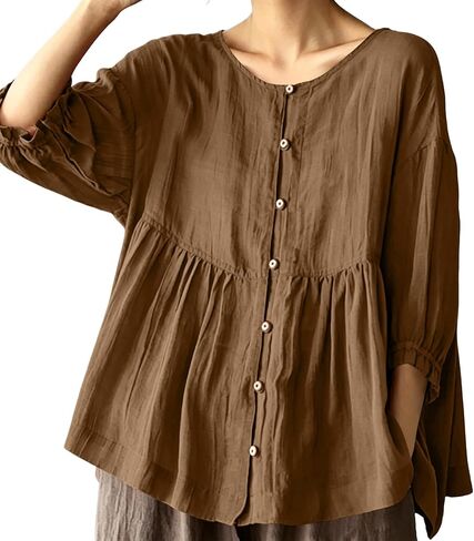 Womens Cotton Gauze Button Down Shirts Summer Crew Neck Babydoll Tops Dressy Casual Loose Fit 3/4 Sleeve Blouses in Saudi Arabia