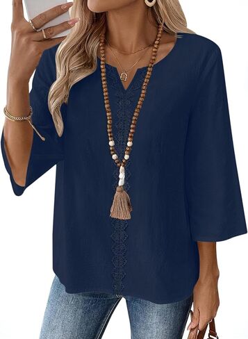 AKEWEI Womens 3/4 Sleeve Cotton Linen V Neck Lace Tops Casual Loose Fit Summer Fall Blouses Boho Fashion in Saudi Arabia