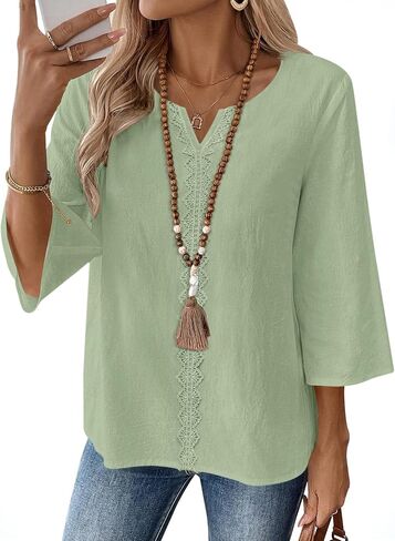 AKEWEI Womens 3/4 Sleeve Cotton Linen V Neck Lace Tops Casual Loose Fit Summer Fall Blouses Boho Fashion in Saudi Arabia
