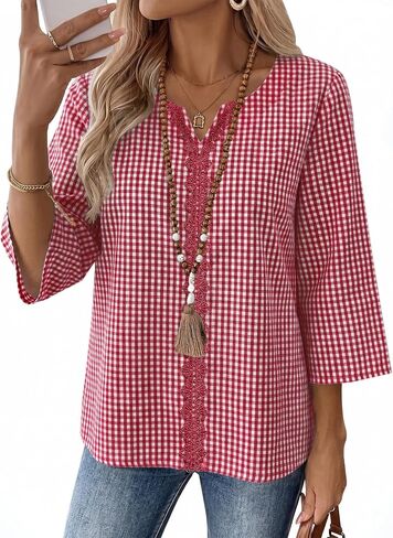 AKEWEI Womens 3/4 Sleeve Cotton Linen V Neck Lace Tops Casual Loose Fit Summer Fall Blouses Boho Fashion in Saudi Arabia