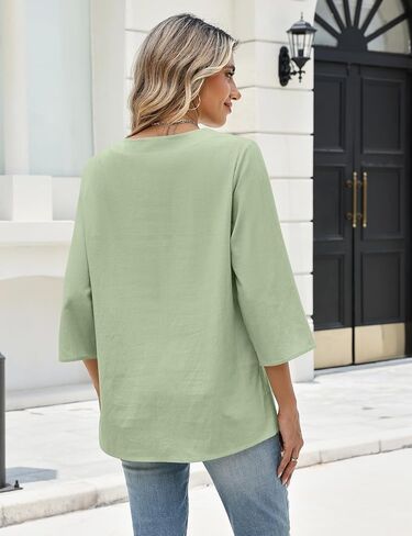 AKEWEI Womens 3/4 Sleeve Cotton Linen V Neck Lace Tops Casual Loose Fit Summer Fall Blouses Boho Fashion in Saudi Arabia