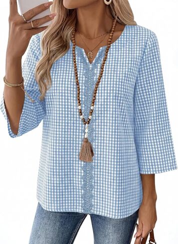 AKEWEI Womens 3/4 Sleeve Cotton Linen V Neck Lace Tops Casual Loose Fit Summer Fall Blouses Boho Fashion in Saudi Arabia